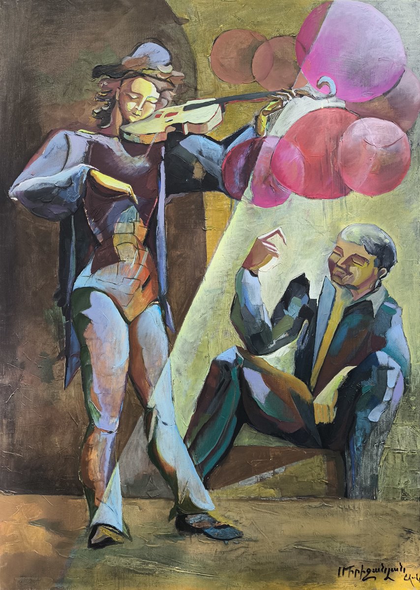 Surrealistic Portrait Oil Painting By Anahit Mirijanyan, 20 X 28, Melody Of Violin, Original Artwork