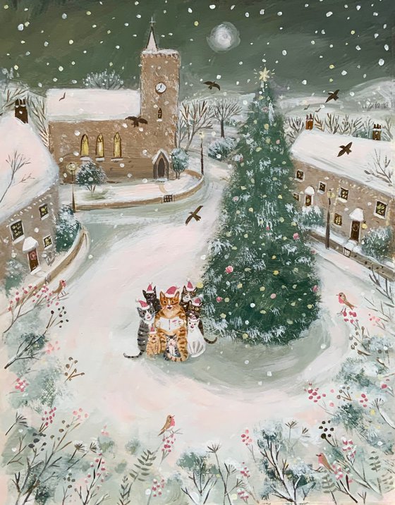 Carol singers in snowy village