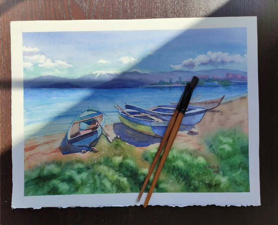 Ukrainian watercolor. Seascape with boats