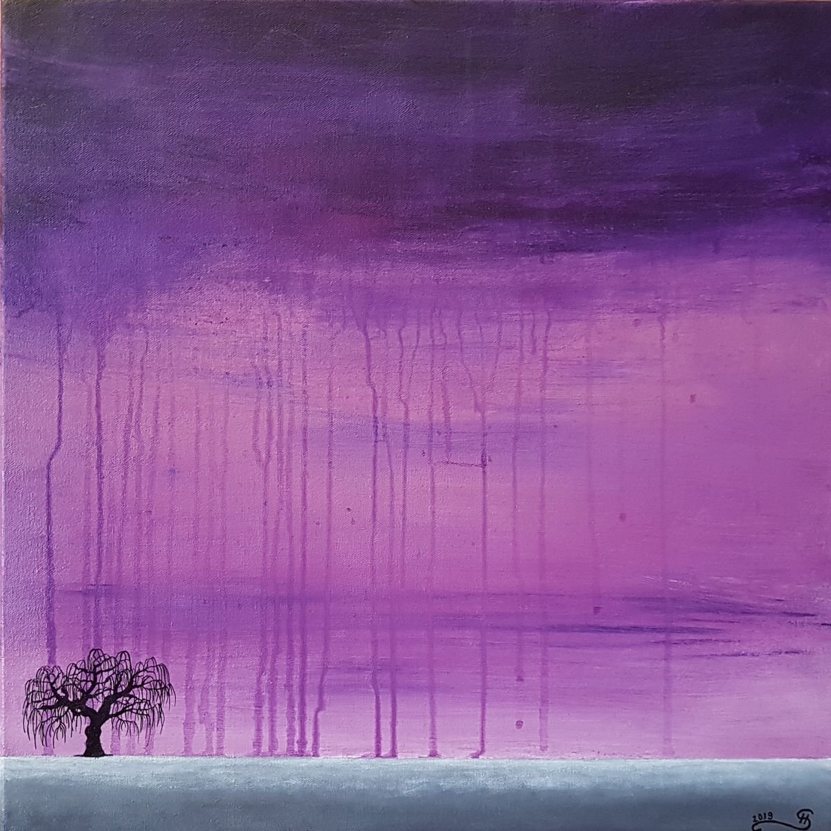 Surrealistic Landscape Acrylic Painting By Silvija Horvat, 20 X 20", Lone Tree Gone Gothic, Original Artwork