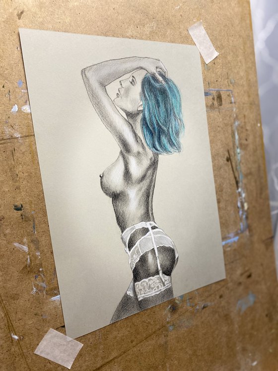 White underwear, blue hair