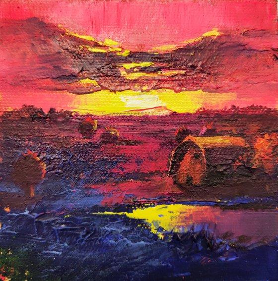 Barn art canvas 4x4 Sunset painting original wall art texture abstract, Painting living room decor