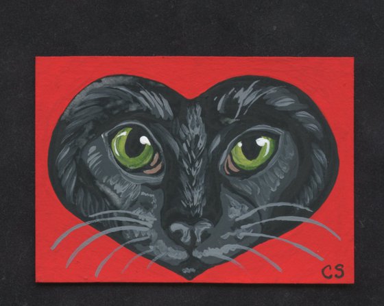 ACEO ATC Original Painting Black Cat Valentine Pet Art-Carla Smale