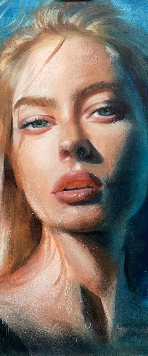 Turquoise, a colorful large oil painting of a blonde model with wind in her hair with a turquoise background color. by Renske Karlien Hercules