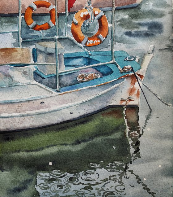 Rainy day at the port - original watercolor, boat with reflection, seascape
