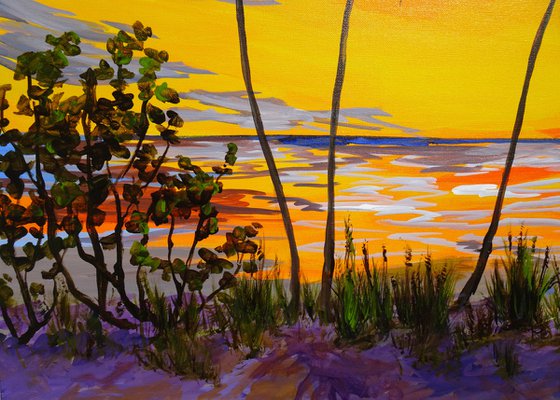 OCEAN SUNSET. Contemporary Florida Sunset Painting in Bold Orange, Purple, Yellow Colors