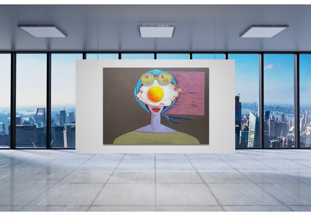 Surrealistic Portrait Oil Painting By Ta Byrne, 71 X 51", Cool Egg Girl, Original Artwork