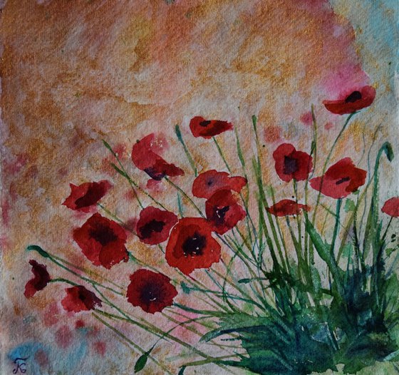Floral watercolor painting on craft paper Red poppies with golden sky