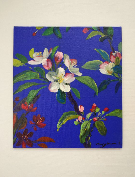Flowering branch on dark blue. Original oil painting