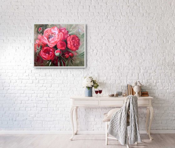 Pink coral peonies bouquet still life