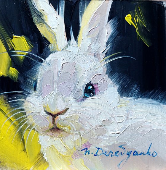 Cute rabbit painting original oil framed 4x4, Small framed art white rabbit artwork black and yellow background