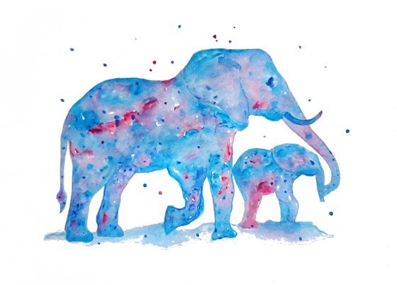 Family of elephants, watercolor animals
