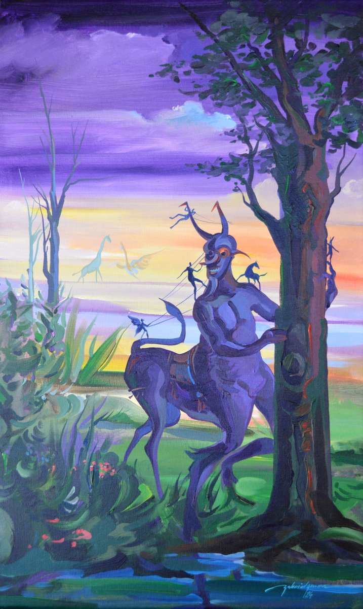 Surrealistic Animal Acrylic Painting By Grama Gabriel, 19 X 30, The World Of Pan, Original Artwork