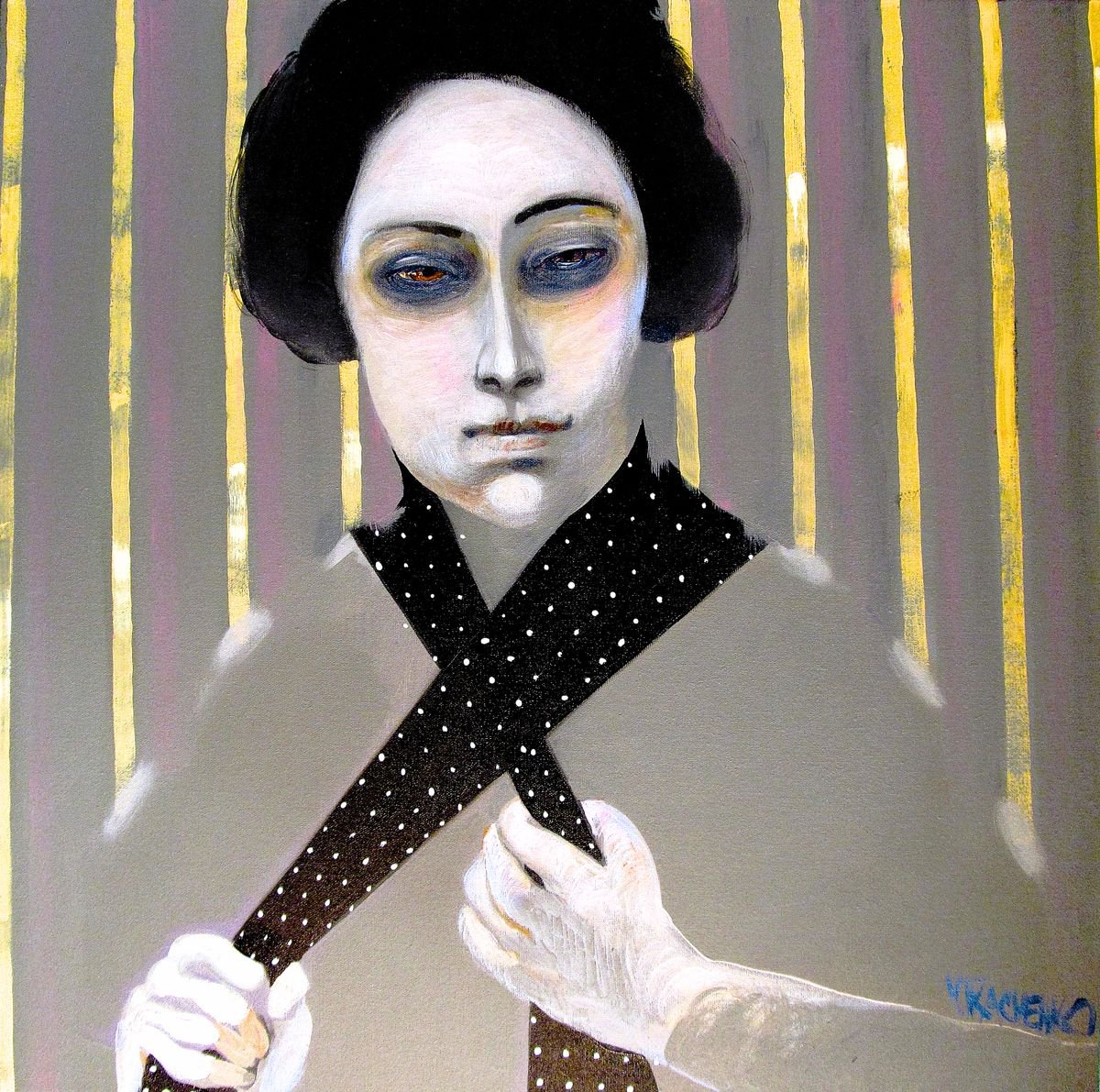 Portrait Acrylic Painting By Victor Tkachenko, 24 X 24", Polka-Dot Scarf, Original Artwork