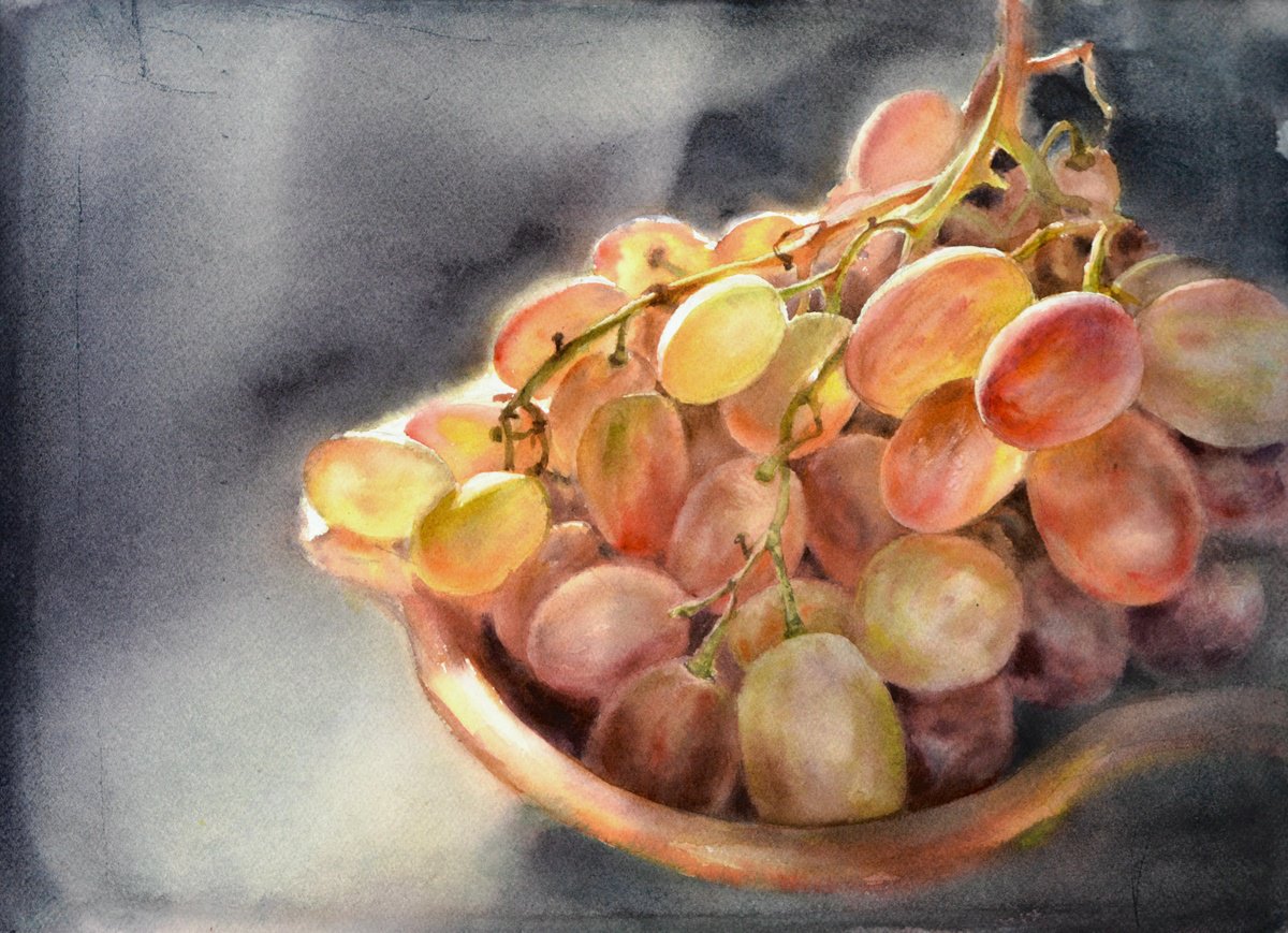 Photorealistic Still Life Watercolour By Lida Duchnewitsch, 14 X 10", Grapes On The Table, Original Artwork