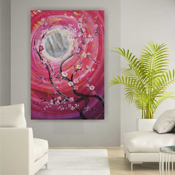Cherry blossom large red painting 110×160 cm acrylic on unstretched canvas B098 art original artwork in japanese style