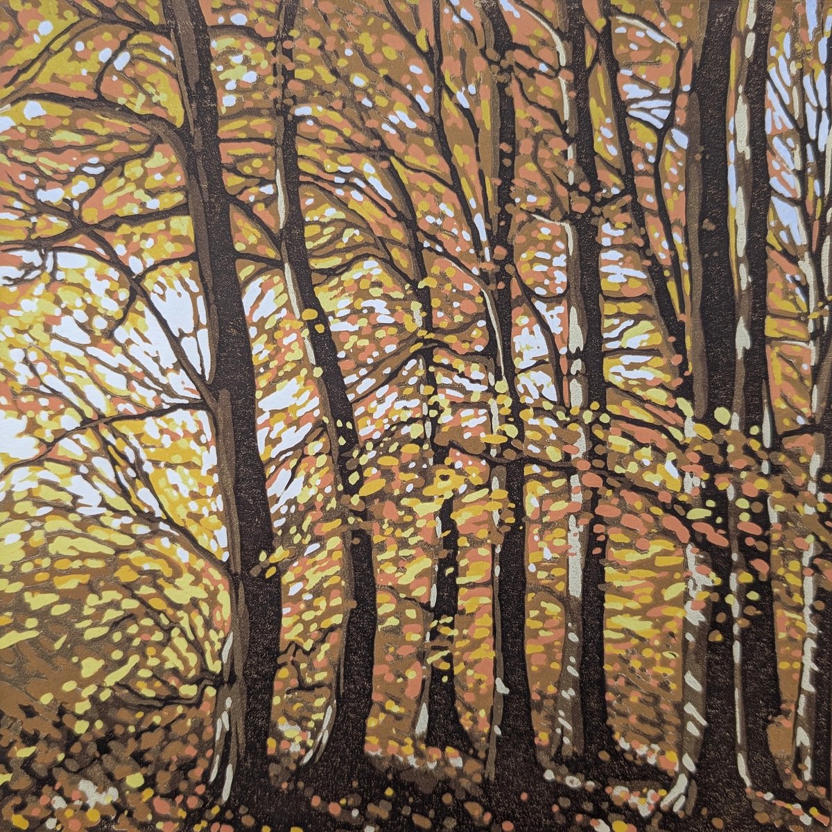 Impressionistic Landscape Linocut By Alexandra Buckle, 12 X 12, Autumn Glow, Original Artwork