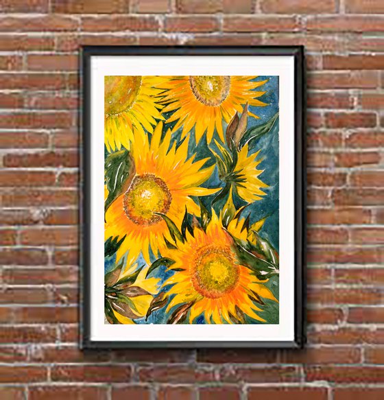 Sunflowers Painting Floral Original Art Flowers Small Watercolor Artwork Home Wall Art 12 by 17" by Halyna Kirichenko