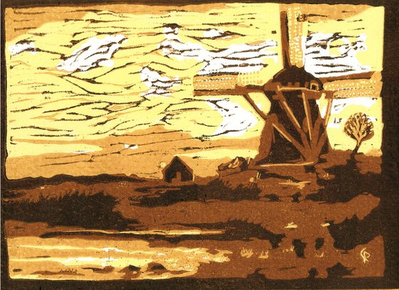 Mill in the evening - Linoprint inspired by Piet Mondrian