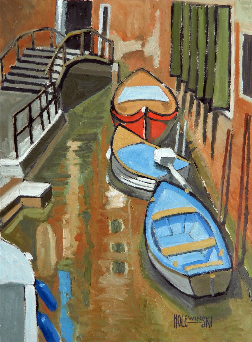 Boats In A Venetian Canal by ROBERT DENIS HOLEWINSKI