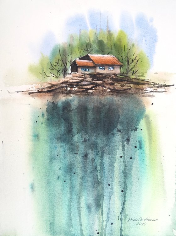 Privacy, original watercolor painting with forest and farmhouse near the lake, medium size, turquoise, gift idea