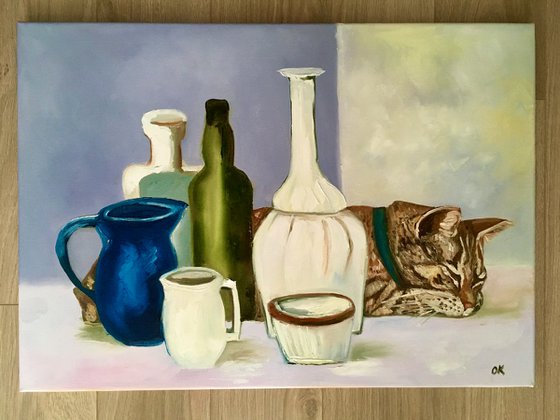 Sleeping beauty  Troy The Cat and Giorgio Morandi vases and bottles