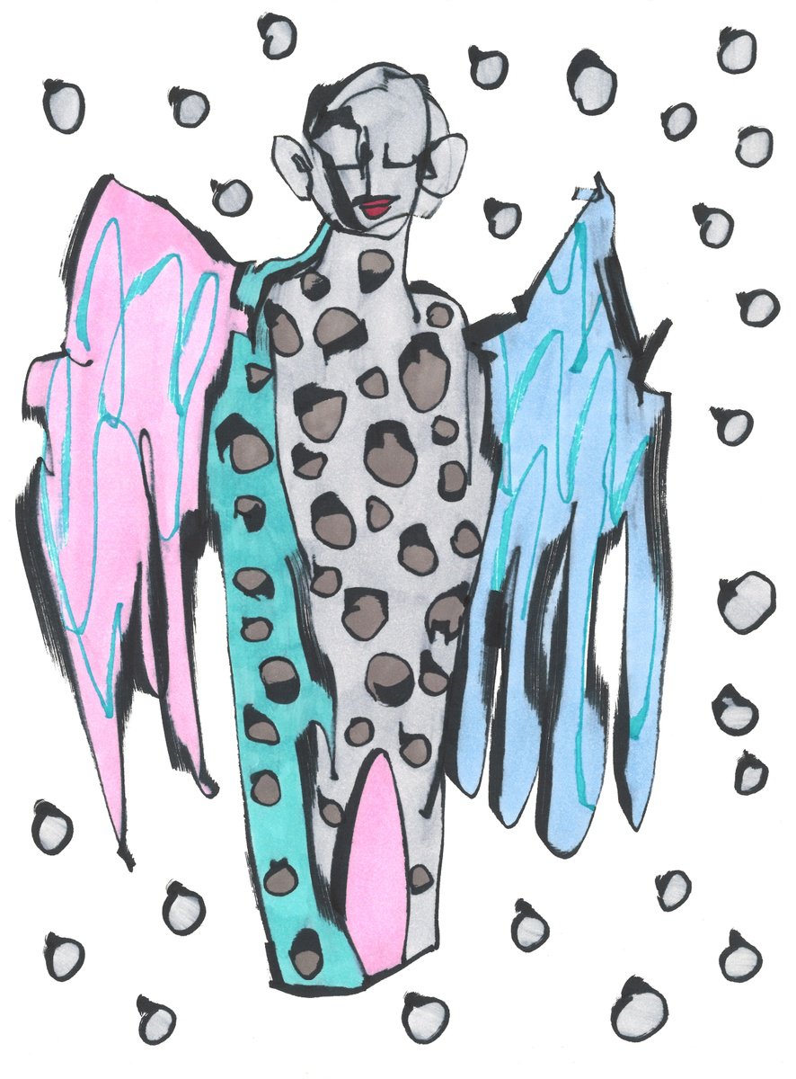 Illustrative Portrait Ink Drawing By Sofi Ginger, 8 X 11", Angel In Leopard Armor, Original Artwork