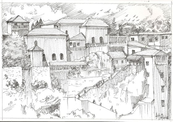Ink drawing of a Greek Village- Ink drawing 10"x 7"