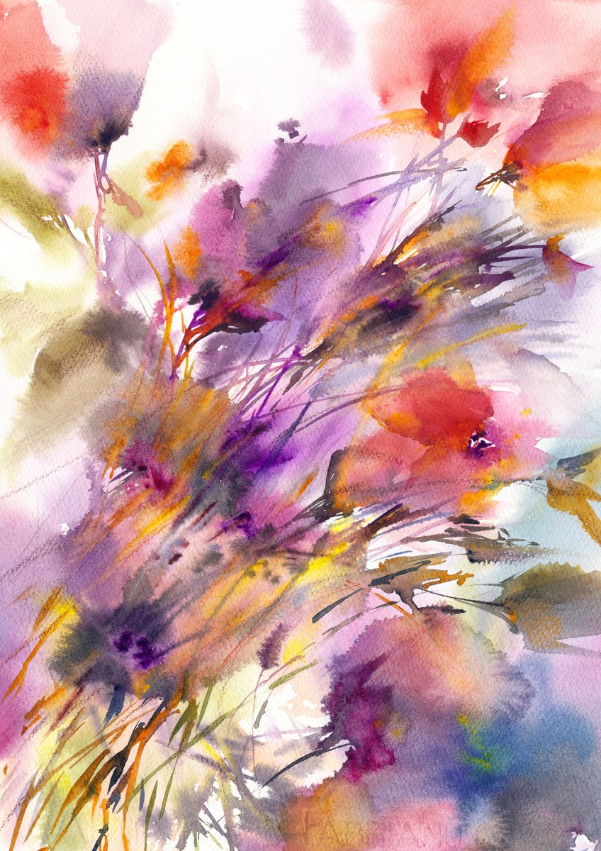 Abstract bouquet, watercolor loose flowers painting Dance of color by Olya Grigo
