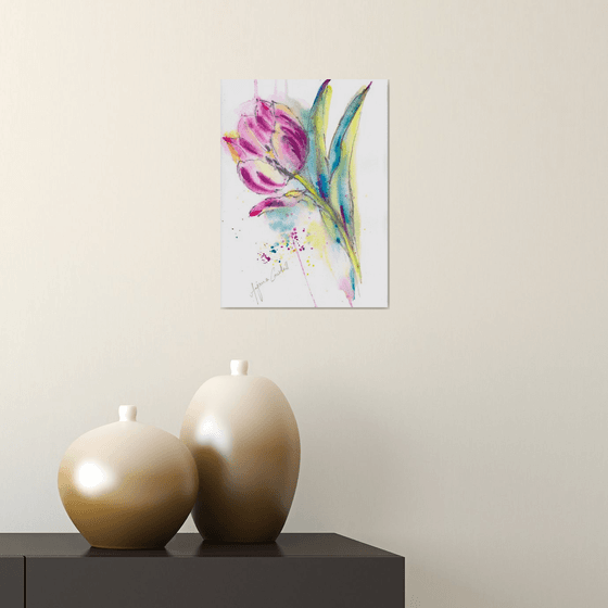 Tulip painting, floral art, purple flower, Contemporary art, watercolour, watercolor, loose painting
