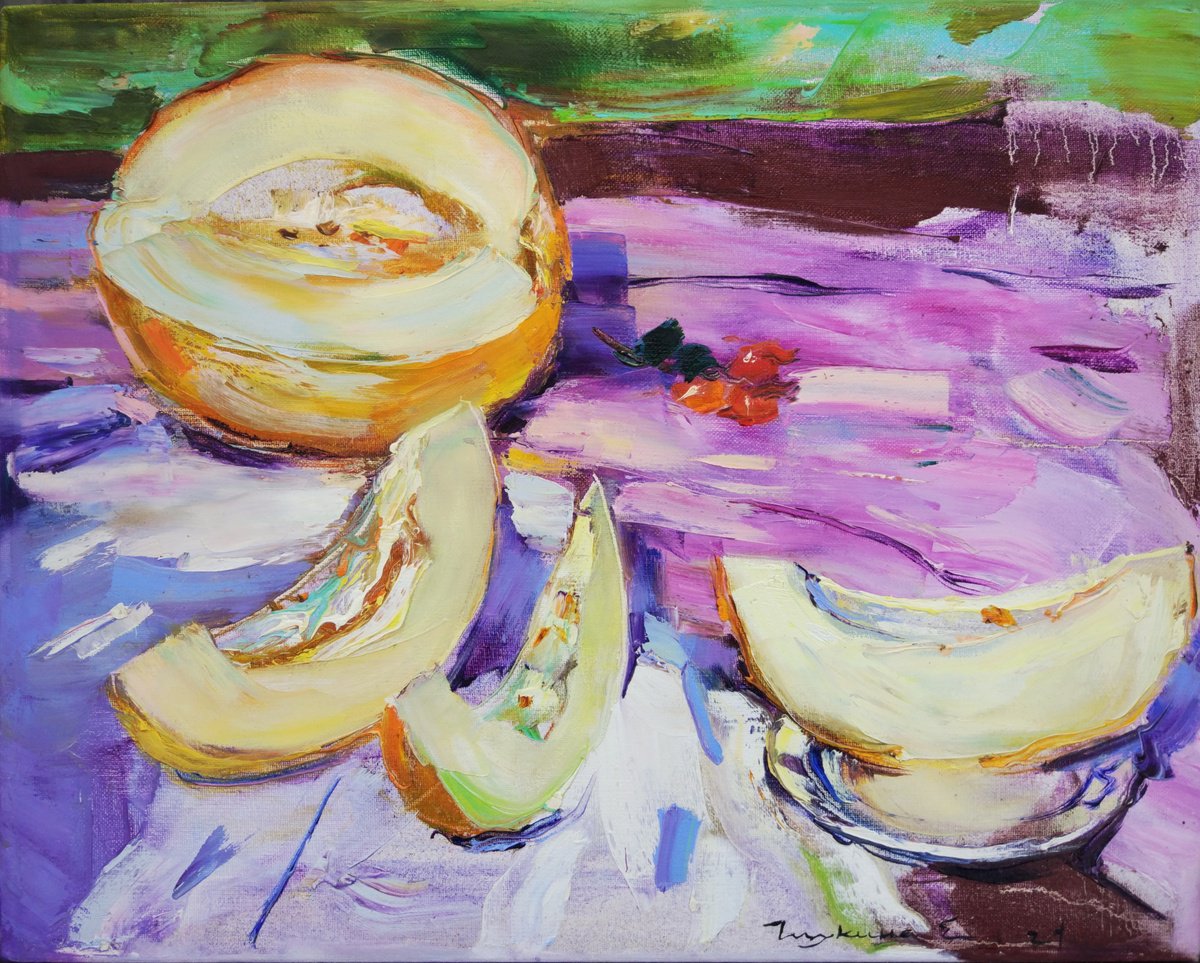 Melons on violet . Summer Still Life . Original Oil Painting by Helen Shukina