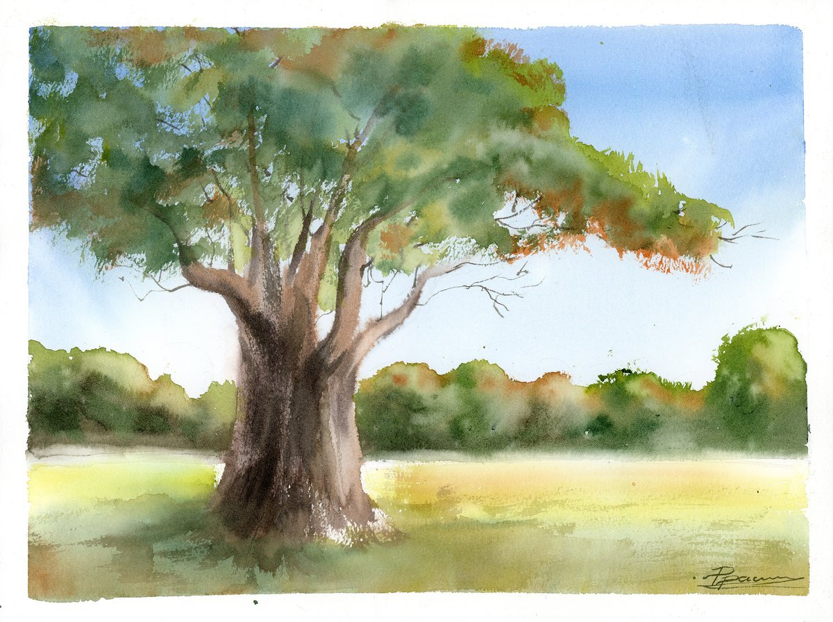 Impressionistic Animal Watercolour By Olga Tchefranov (Shefranov), 16 X 12", Summer Oak Majesty, Original Artwork