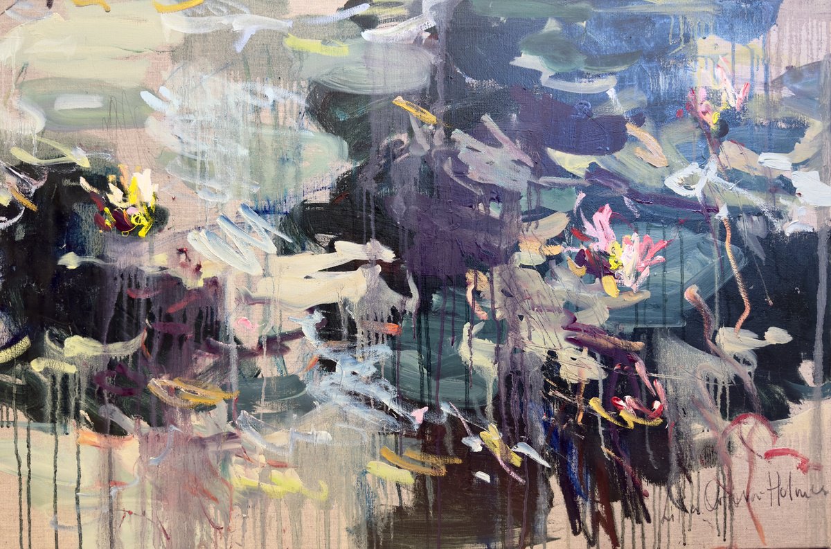 Expressive Abstract Oil Painting By Lilia Orlova-Holmes, 36 X 24", Waterlilies. Summer Pond., Original Artwork