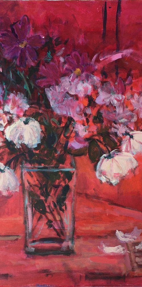 Flowers in the Matisse Room. Framed Colourful still life on canvas by Chrissie Havers