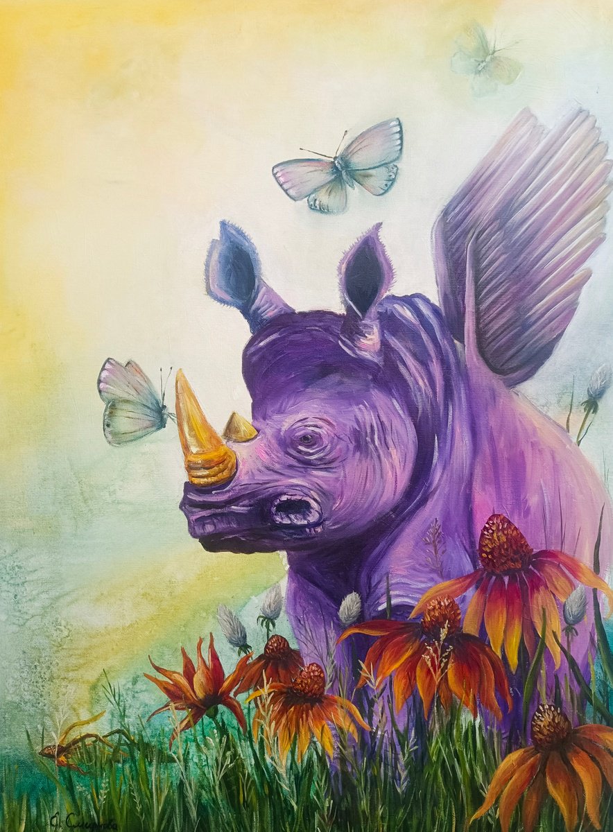 Surrealistic Animal Painting By Evgenia Smirnova, 24 X 31, Rhino Purple, Original Artwork
