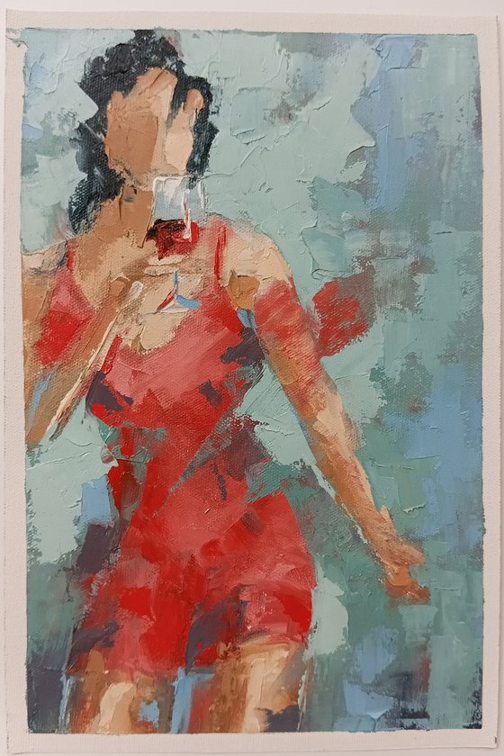 Thalia 13. Abstract woman painting. Woman with glass red wine