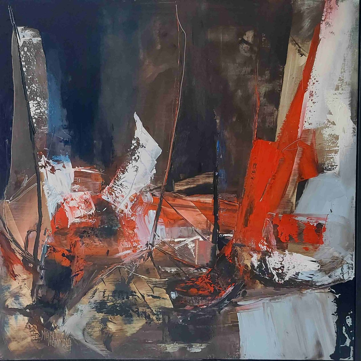 Abstract Landscape Oil Painting By Michael Hemming, 25 X 25", Night Fishing, Original Artwork