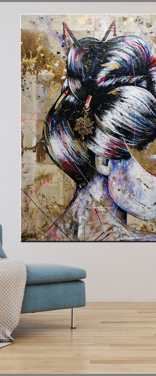 Shizukesa 120cm x 120cm Geisha Book Page Textured Abstract Realism Art by Franko
