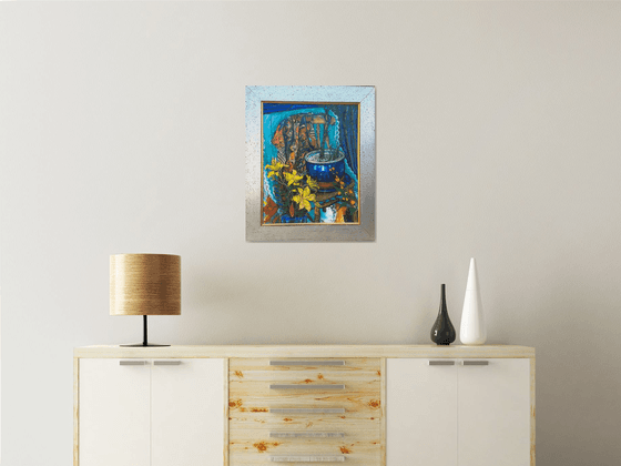 Yellow Lilies in a blue pot framed still life