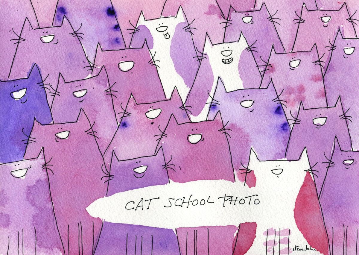 Cat School Photo, original cartoon artwork, purple by Steve John