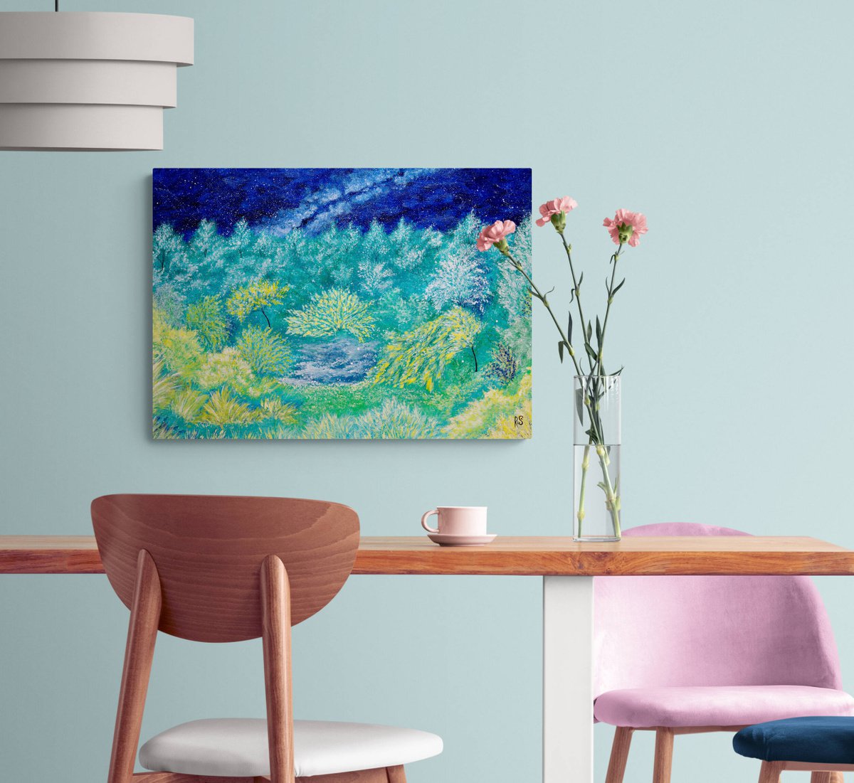 POND IN THE GARDEN - abstract landscape, teal and yellow, 50x70 cm by Rimma Savina