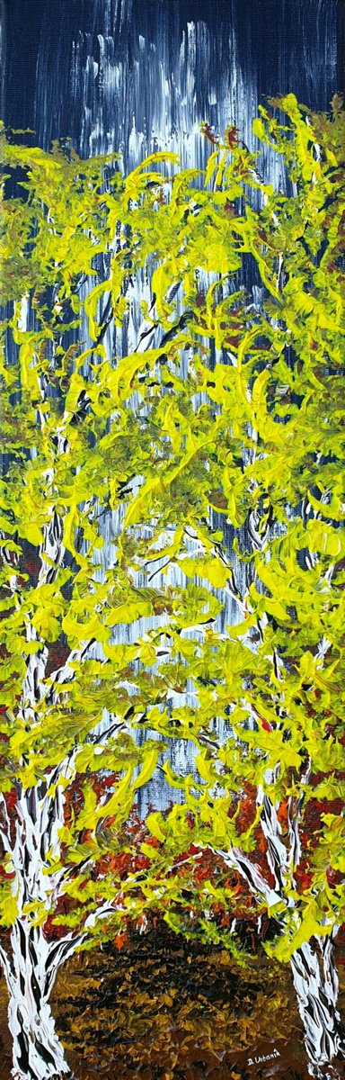 Impressionistic Landscape Acrylic Painting By Daniel Urbani?k, 8 X 24, Two Birches 1, Original Artwork
