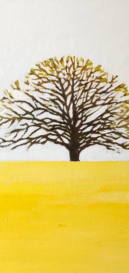 Lonely tree in yellow field, minimalist oil painting, tree of life by Volodymyr Smoliak