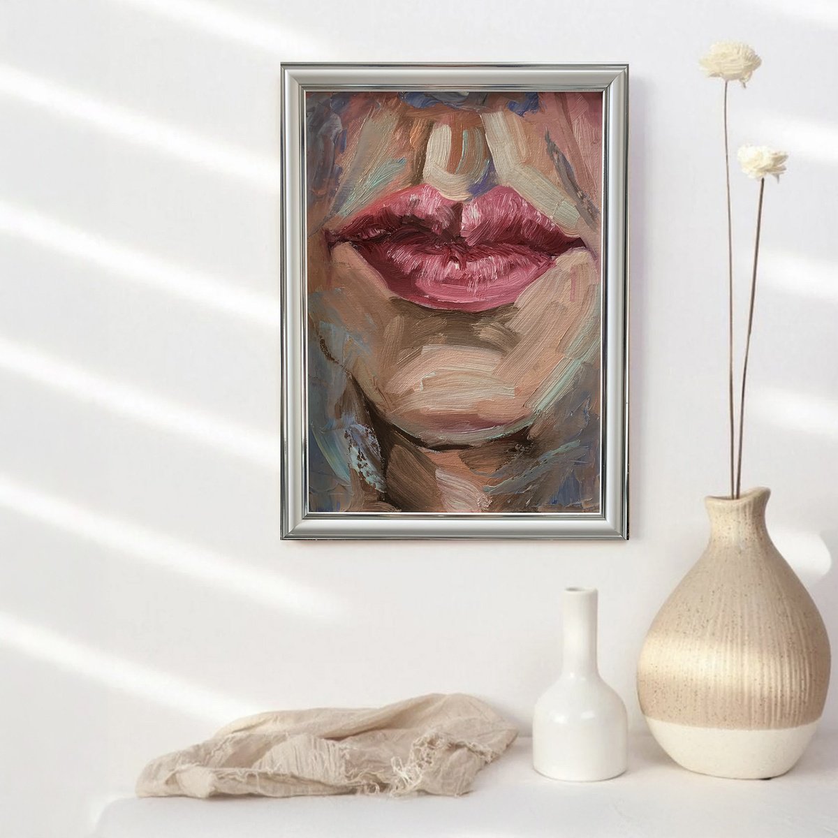 Abstract Portrait Oil Painting By Vita Schagen, 9 X 13", Pink Lips., Original Artwork
