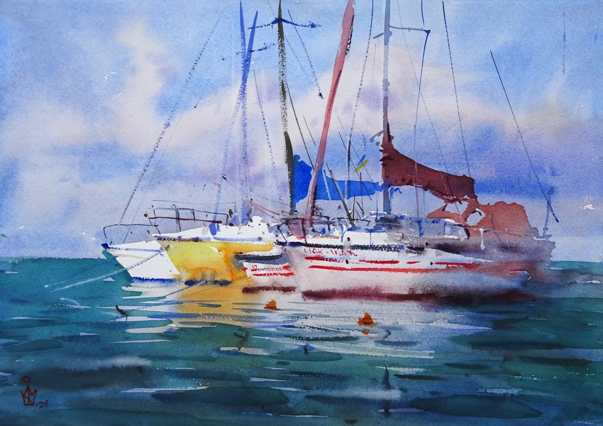Impressionistic Landscape Watercolour By Maksym Kisilov, 16 X 11", Yachts, Original Artwork