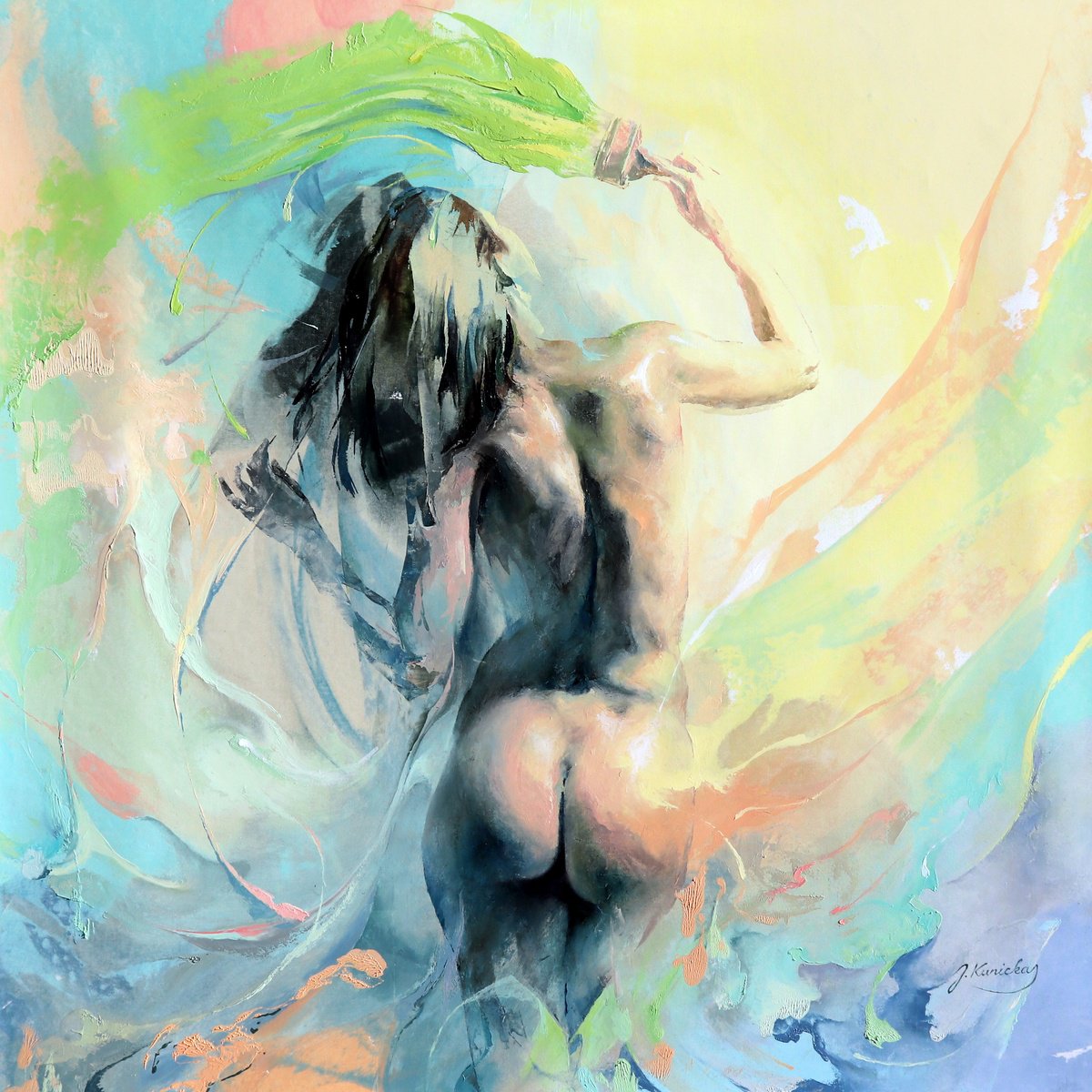 Impressionistic Portrait Oil Painting By Jonas Kunickas, 37 X 37, Jk25-0114 Happy, Original Artwork