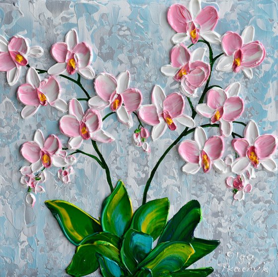 Pink Orchid - Impressionist Flower Painting, Palette Knife Art