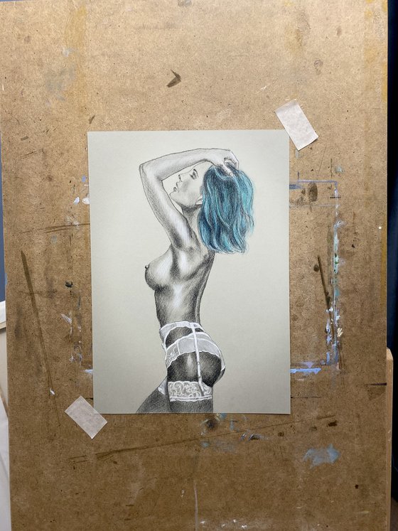 White underwear, blue hair