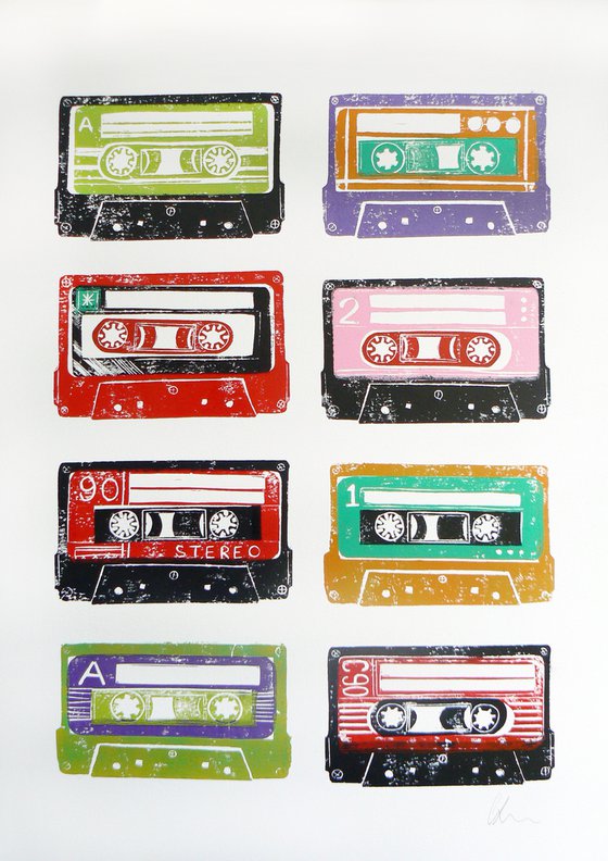 Linocut tapes #3 (cassette tapes, retro music, 70's, 80's rock culture)