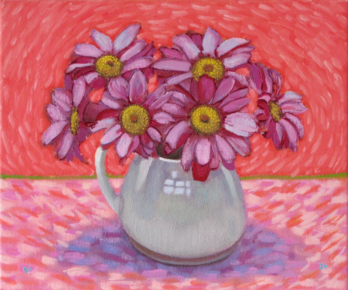 Botanical Oil Painting By Richard Gibson, 12 X 10", Chrysanthemums In A Small Jug, Original Artwork